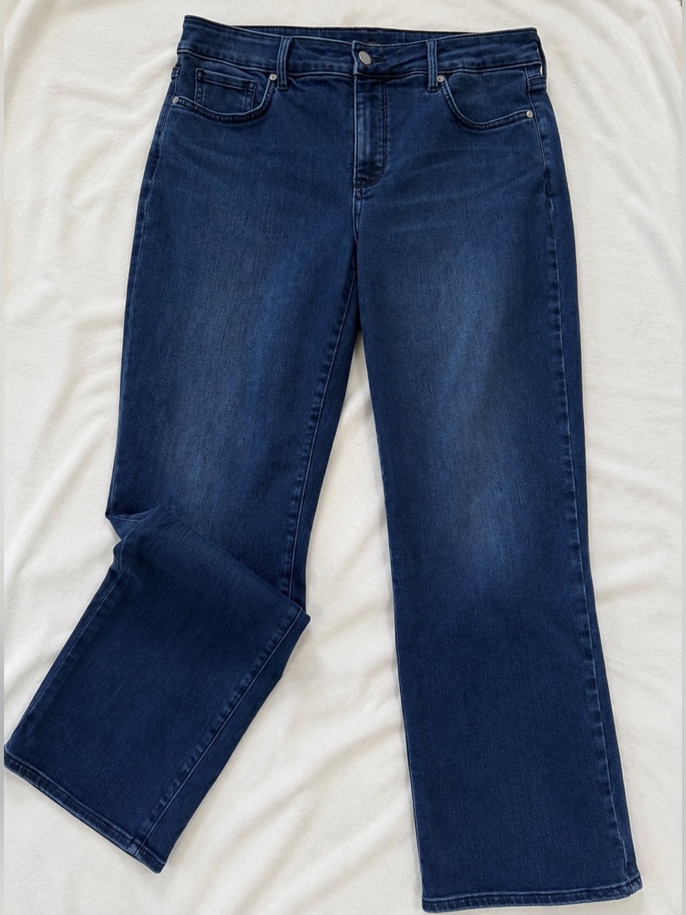NYDJ Marilyn Straight-Leg Jeans Size 12 Dark Wash Lift Tuck Stretch Denim
